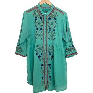 JOHNNY WAS Biya Embroidered Tunic Dress L Green